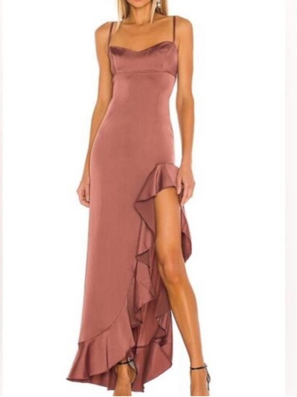 Nookie Sasha Satin High-Slit Ruffle Slip Dress in Mocha